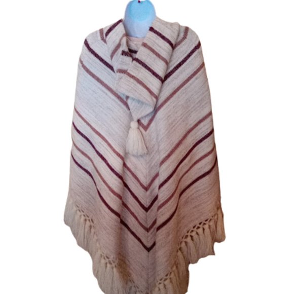 Beige Brown Crème Heavy Knit Hooded Poncho - Picture 4 of 6